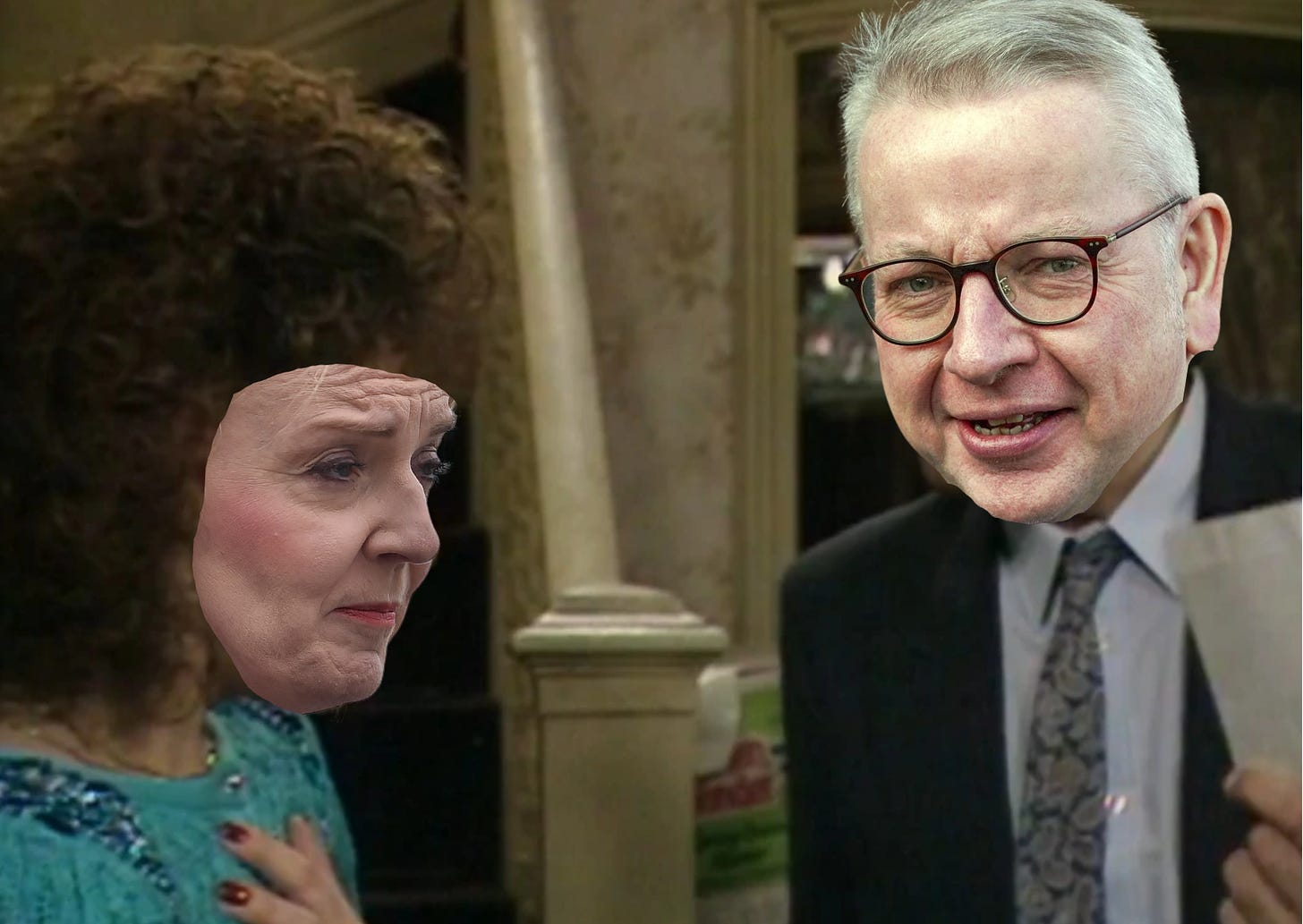 Michael Gove and Liz Truss in the 'Dirty Den serves Angie with divorce papers' scene from Eastenders