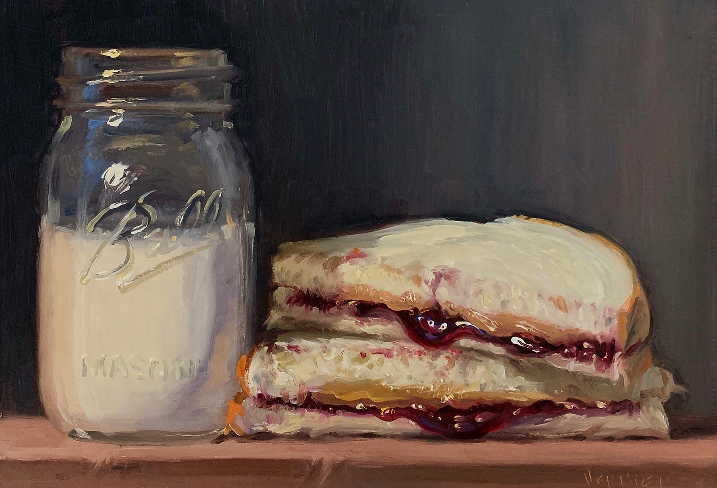 Painting of a peanut butter and jelly and a glass of milk.