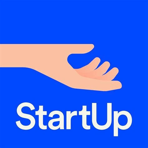 Een oud logo van startup, een getekende uitgestoken hand (die bedelt om geld of juist een handreiking kan zijn) tegen een blauwe achtergond met onderaan het logo