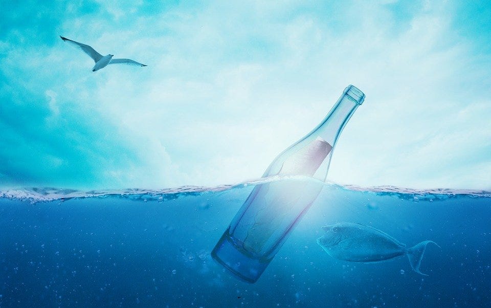 Sea, Message In A Bottle, Bottle, Ocean, Blue, Water