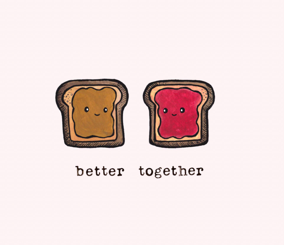 Peanut butter and jelly spread on slices of bread with the caption better together