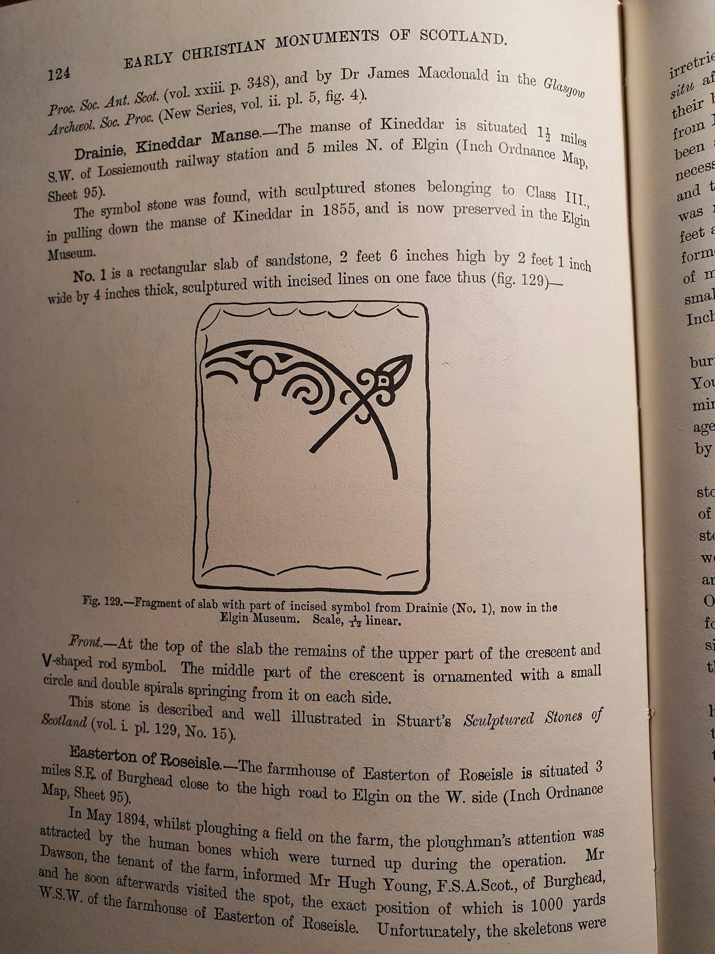 Photo of a page in Allen and Anderson's The Early Christian Monuments of Scotland, with a drawing of the Class I Pictish symbol stone found at Kinneddar in 1855. It's the top portion of a crescent and v-rod symbol with internal decoration in the crescent and floriated end to the v-rod.
