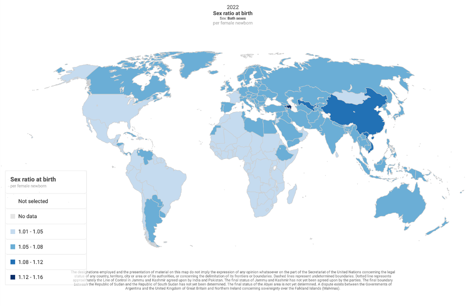 Chloropleth map of sex ratio at birth in 2022