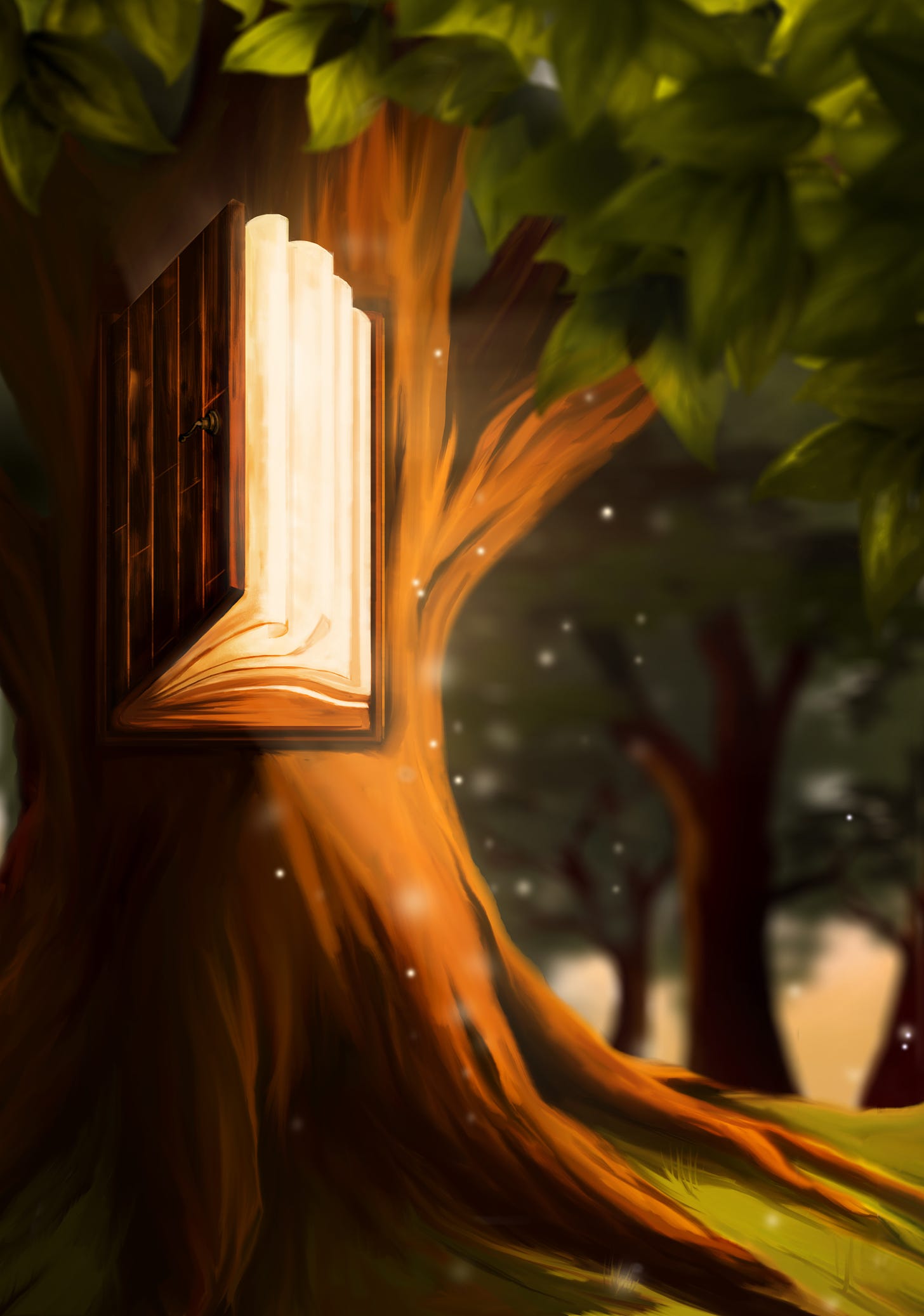 A tree in a forest. On the tree’s trunk, an opening door. Within the door, glowing pages unfurl.