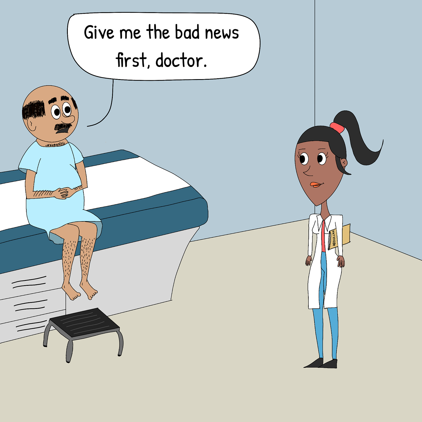 Panel 2: "Give me the bad news first, doctor" says Mr. Abdullah.