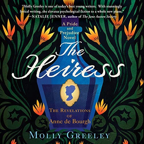 Cover of the audiobook of The Heiress. A stylized illustration of a glass bottle is surrounded on by red and gold flowers on green stems.