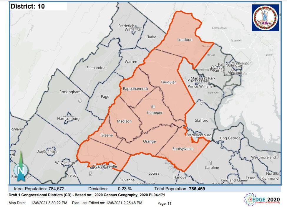 Northern Albemarle County would be in the 10th District 