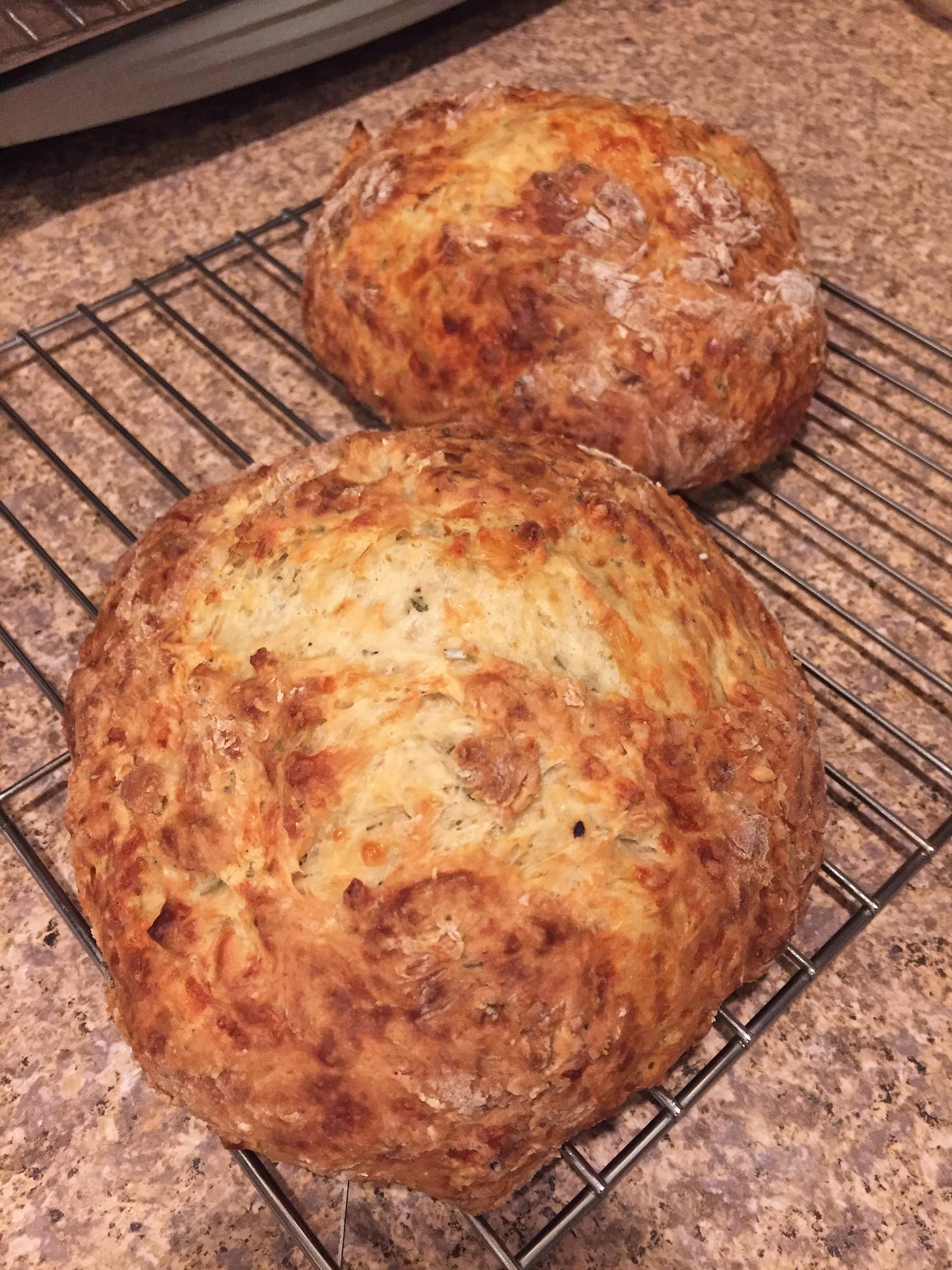 on a cooling rack, two small, round loaves of cheesy soda bread. The outsides are golden brown with a lighter coloured X in the top of each.