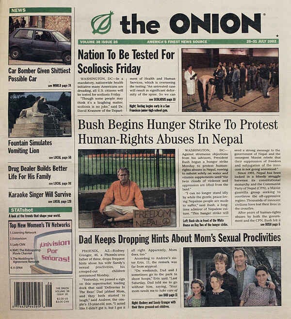 A photo of the front page of The Onion from July 25, 2002.