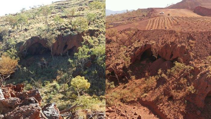 A composite of photos showing the Juukan Gorge in Western Australia on June 2 2013, left, and May 27 2020