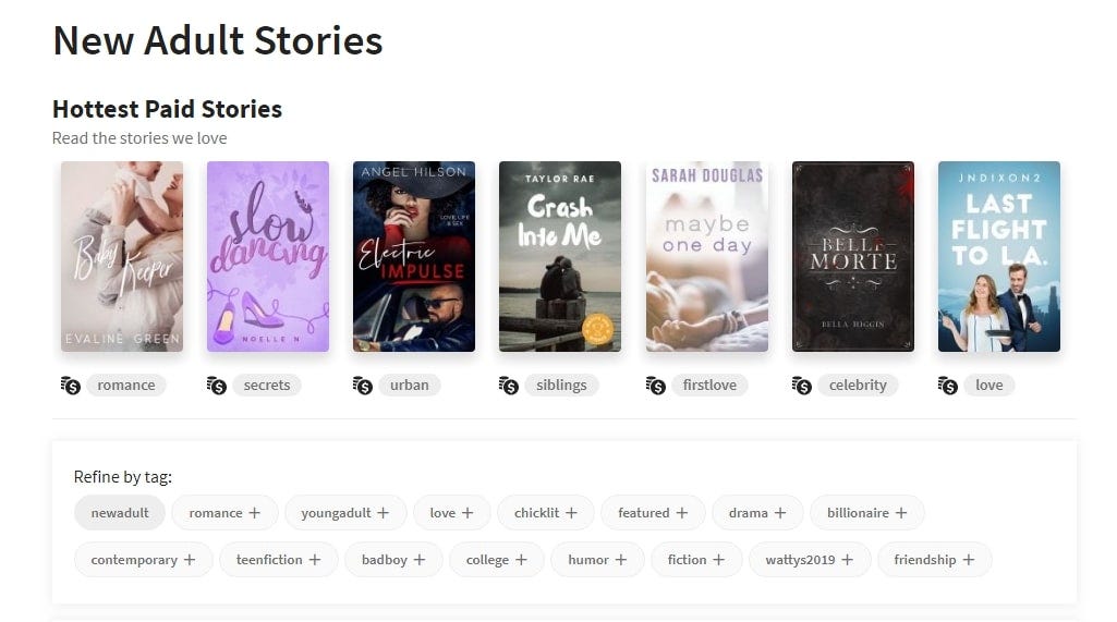 A screenshot of Wattpad's website showing genres and tags