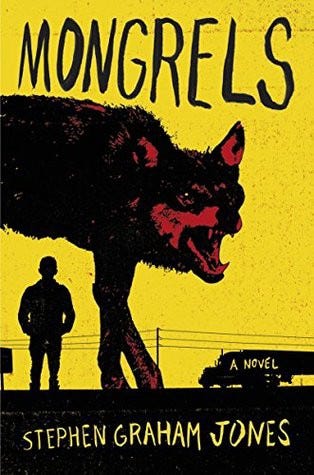 Cover of Mongrels—Image of a black silhouette of a wolf snarling against a yellow background.