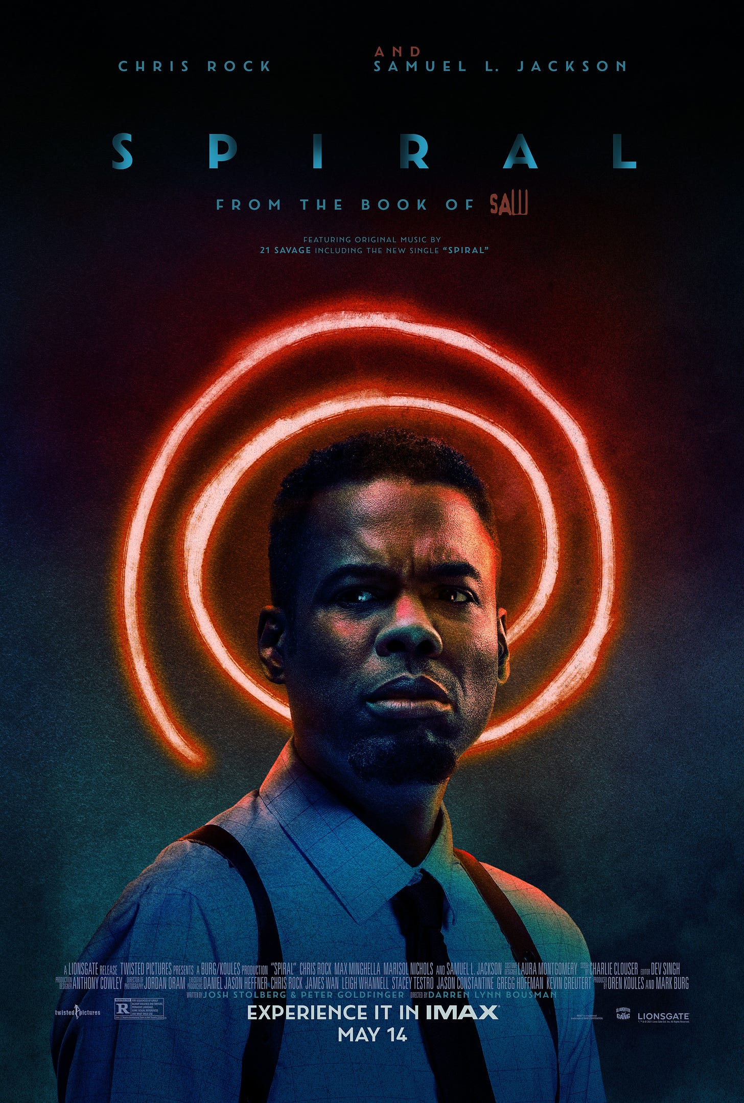 An image of the poster for Spiral: From The Book of Saw which has Chris Rock standing in front of a wall with a red glowing spiral behind him. 