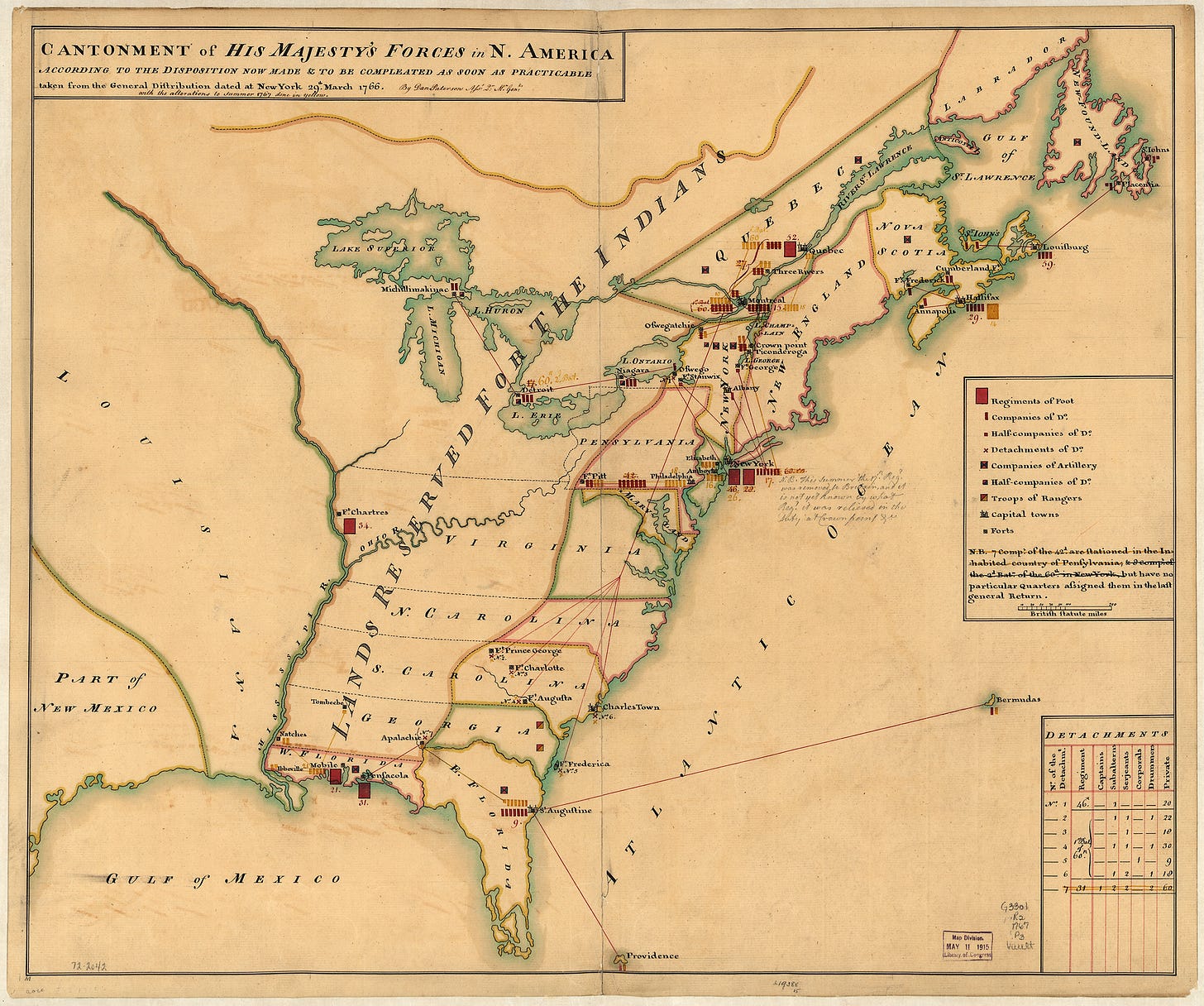 This image shows a yellowed map of North America titled "Cantonment of His Majesty's Forces in N. America" and dated 29 March 1766. It bears the words "Lands Reserved for the Indians" spanning the continent from the New Orleans delta to the Canadian border. This image shows a yellowed map of North America titled "Cantonment of His Majesty's Forces in N. America" and dated 29 March 1766. It bears the words "Lands Reserved for the Indians" spanning the continent from the New Orleans delta to the Canadian border.
