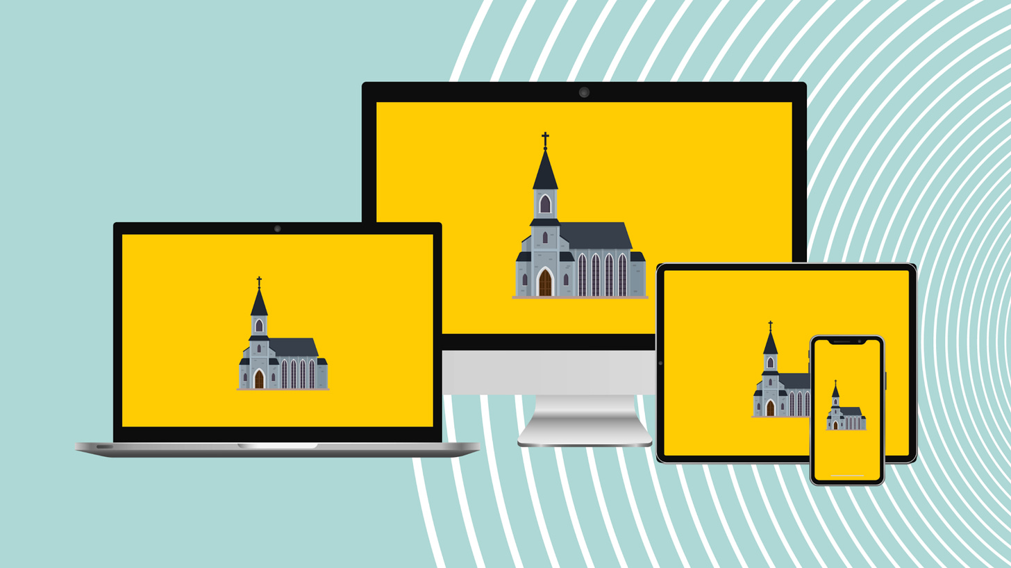 A variety of devices—tablets, laptops, desktop computers—show the same cartoon church over a yellow background. A teal ripple-effect background graphic lies behind these various devices.