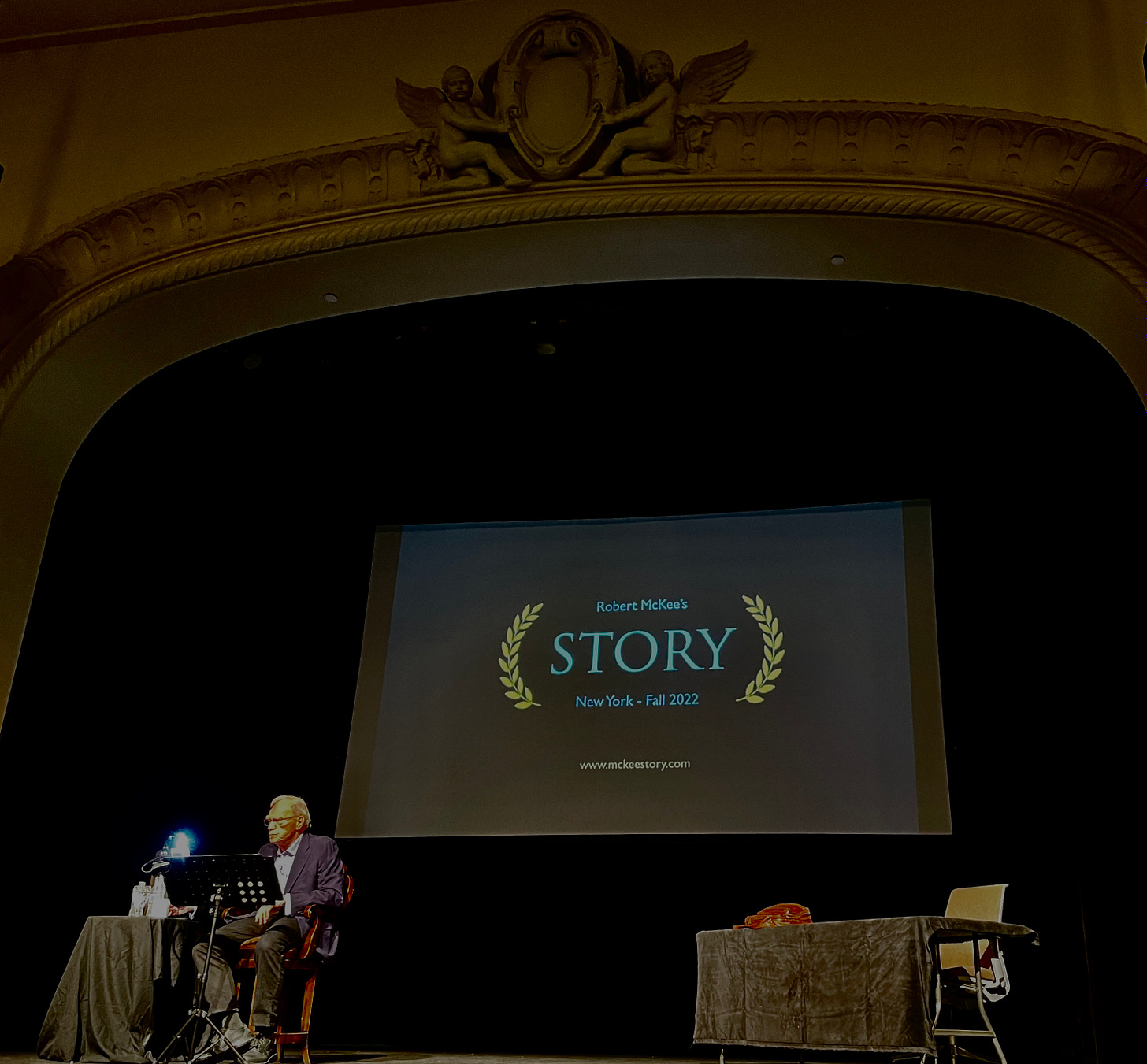 Robert McKee on stage at the Sheen Centre in New York City, about to begin hi Story seminar