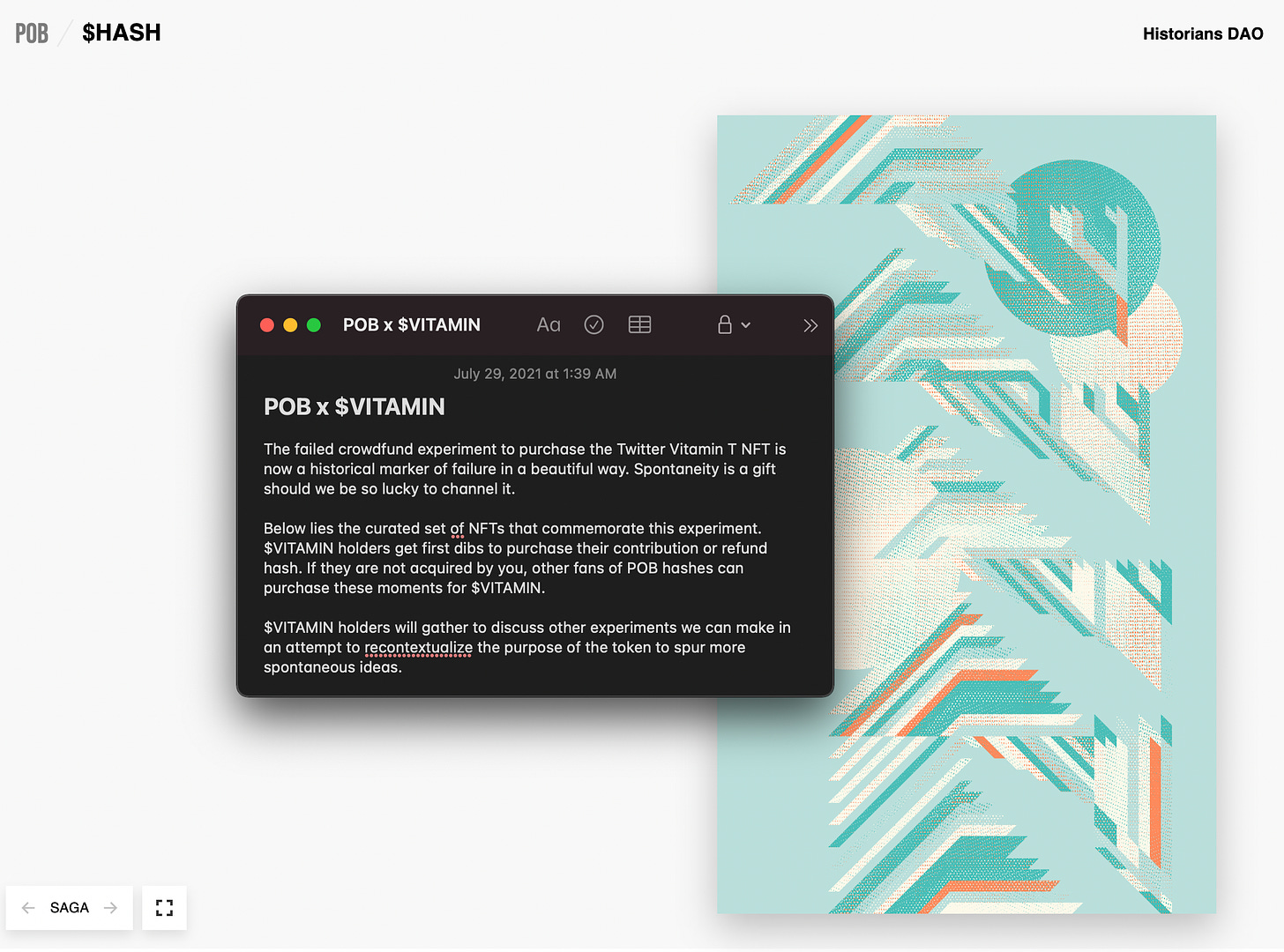 A screenshot capturing a sample POB hash art, and notes related to the VITAMIN curated collection.