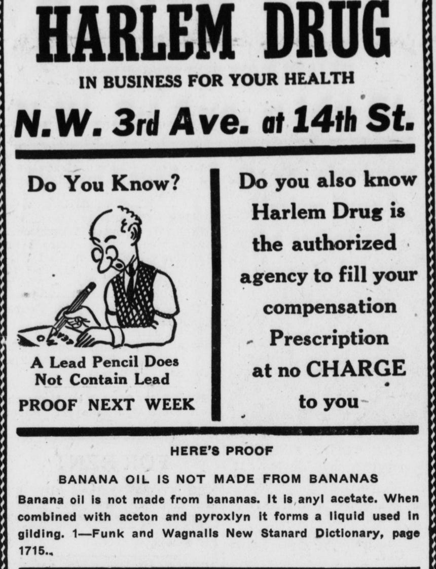 1950s ad form Harlem Drug that has a lot of facts, including "did you know that banana oil is not made of bananas?"