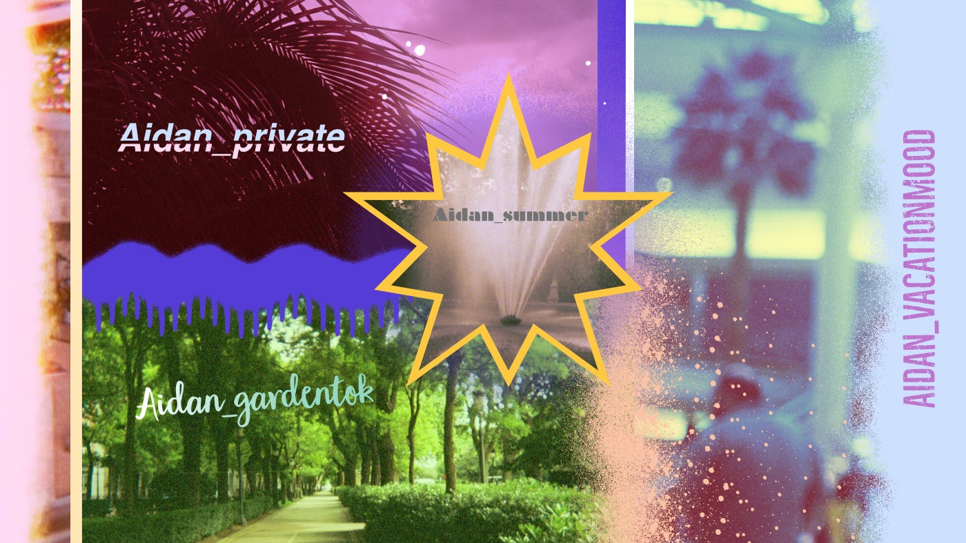 A collage of colorful photographs and design elements with the text: Aidan_private, Aidan_gardentok, Aidan_summer and Aidan_vacationmood