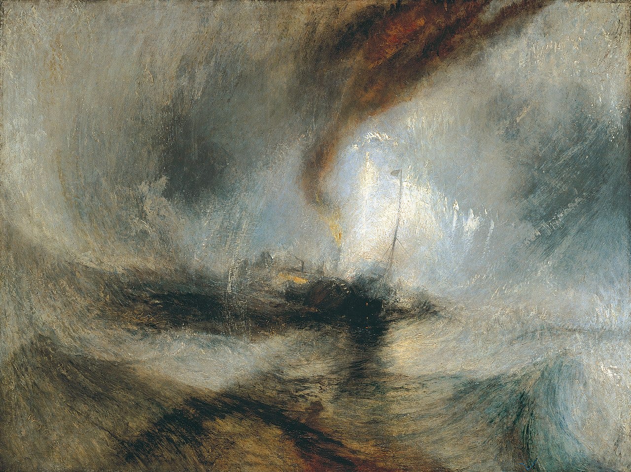 In this indistinct seascape painting, a ship appears to be sinking in the midst of a storm. The sea and sky are dark and smoky.