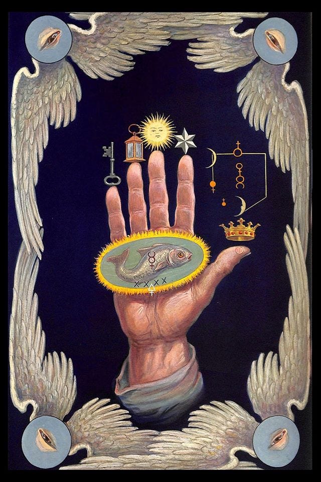 The Hand of the Mysteries symbolizing a fish in the lake of fire from Revelation.