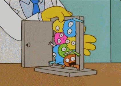 Gif of a Simpsons clip where a doctor's hand tried and fails to push blobby cartoon "germs" through a doorway.