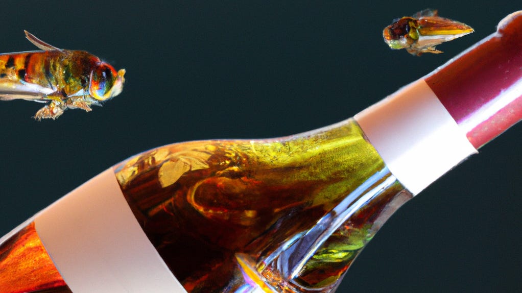 bees dressed as fish swimming around an iridescent wine bottle