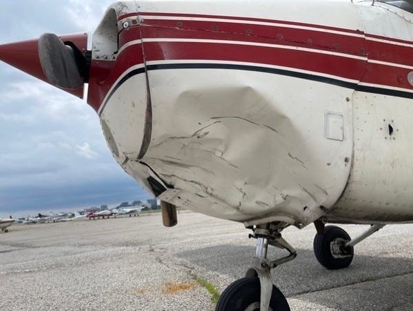 The aftermath of the latest confirmed drone-aircraft collision with a Cessna 172