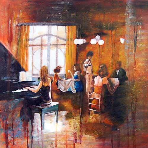 music, music painting, musician, painting of a musician, restaurant, painting of the restaurant, waiter, people at restaurant, city, cityscape, hotel , eatery