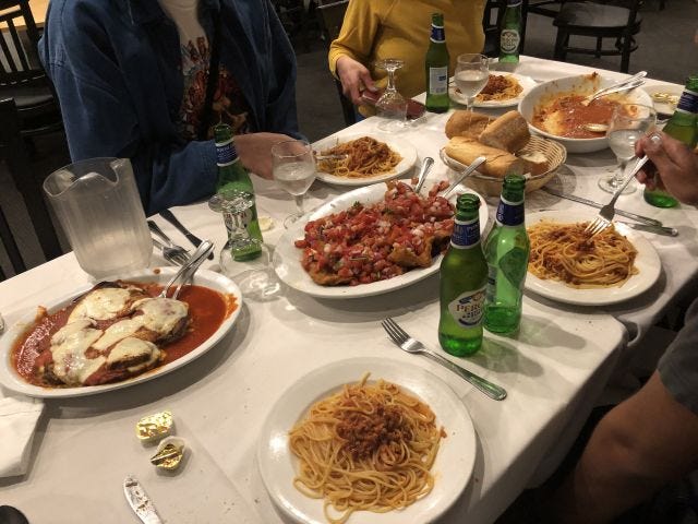 Spaghetti with meat sauce, Veal Don Peppe, eggplant Parm