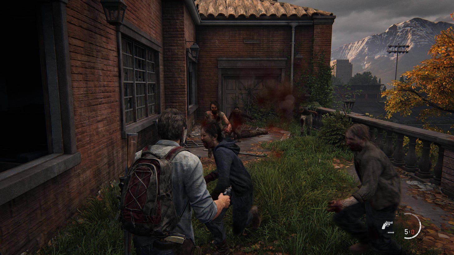 Joel fighting three Runners in The Last of Us Part 1