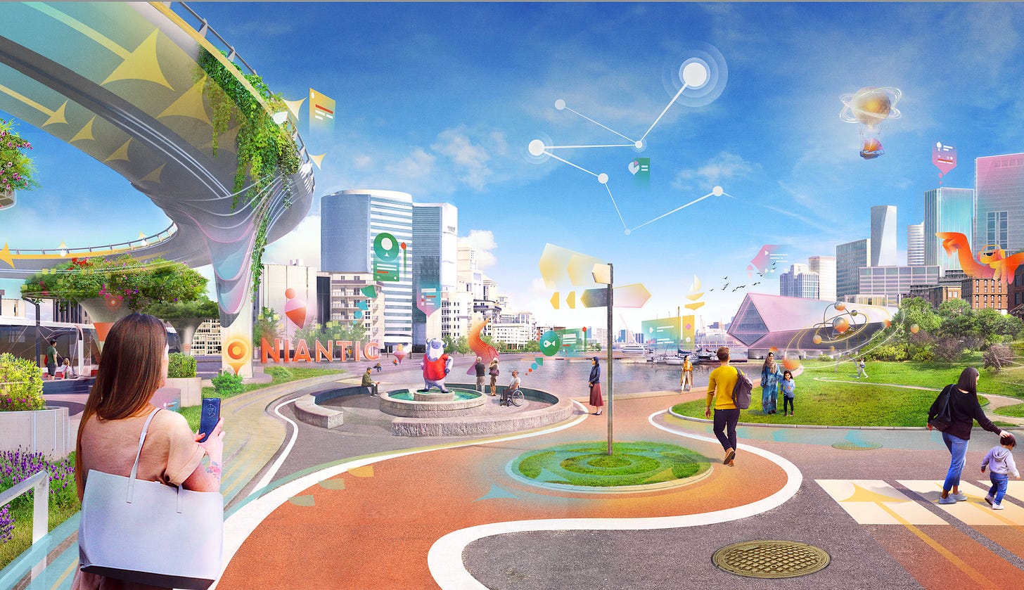 A metaverse scene scape showing the NIantic logo and virtual objects floating around a park environment. (Niantic)