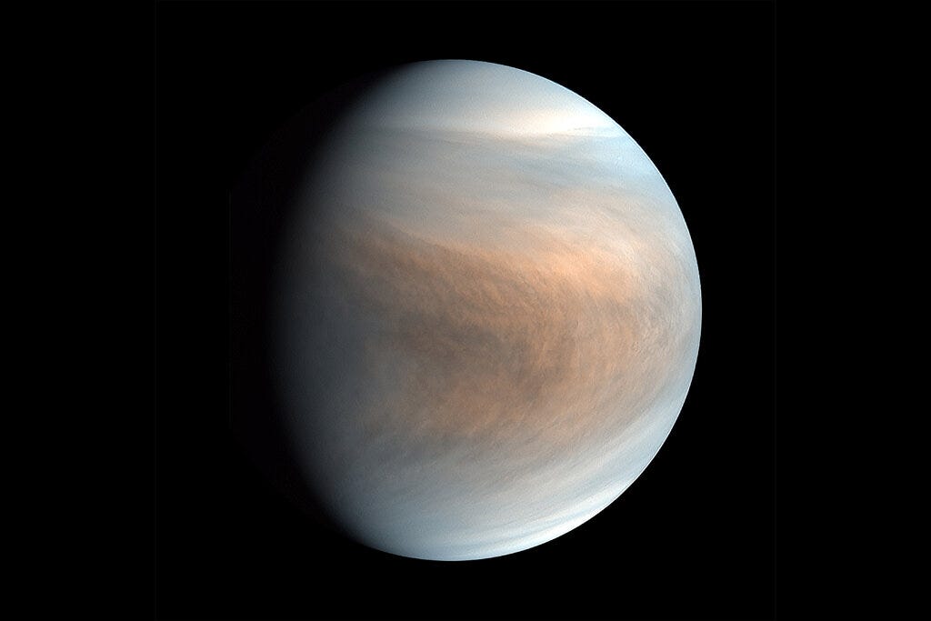 A false-color view of Venus taken by Japan’s Akatsuki Venus Climate Orbiter in 2018.
