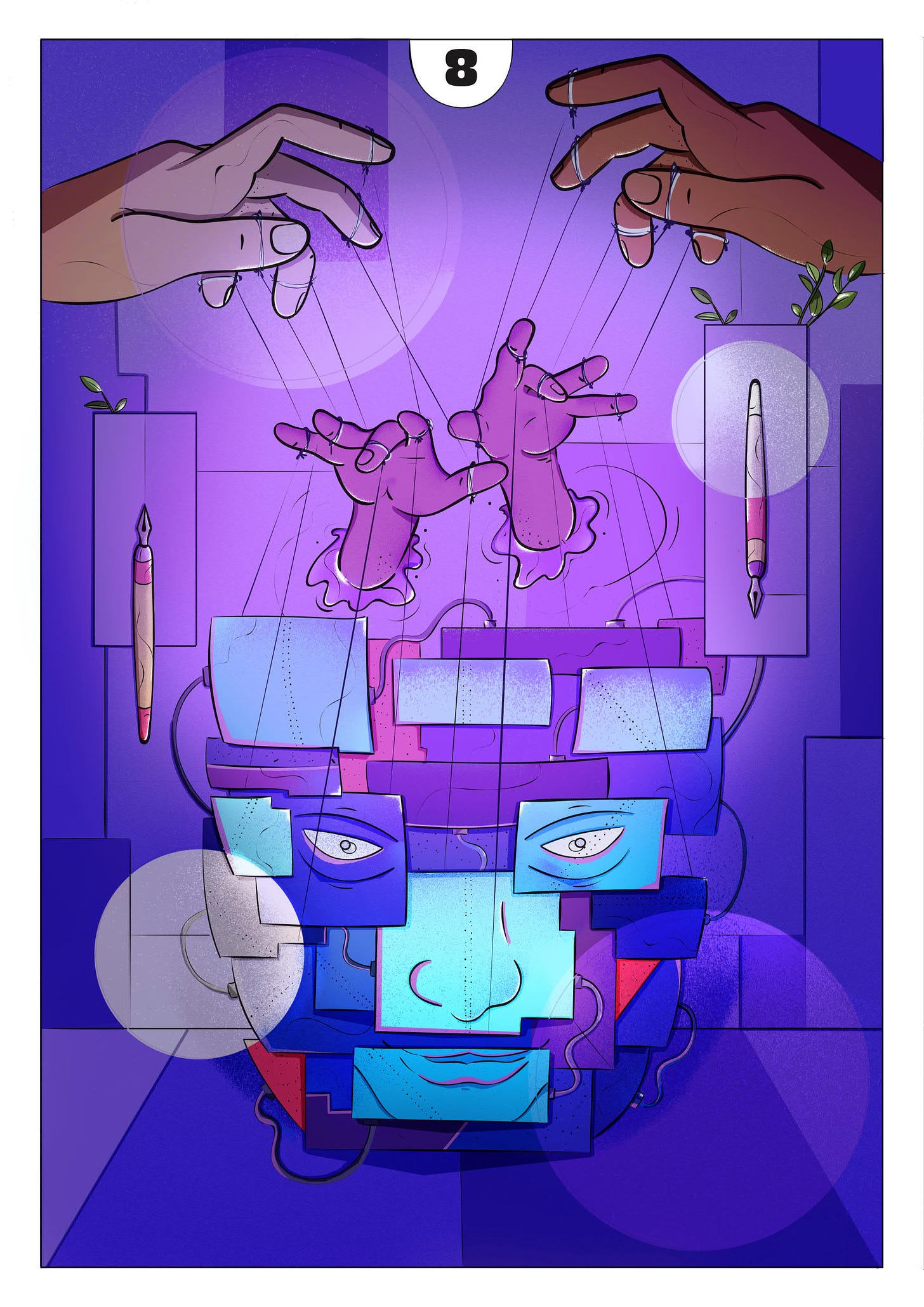 ‘Characterisation’ - Illustration by Carol Michelon for Master the Art and Craft of Writing by Leon Conrad with a puppeteer manipulating another puppeteer's hands manipulating different aspects of a character's face and mind. To the side, pens poised vertically pointing upwards and downwards against a predominantly purple background of rectangles and squares