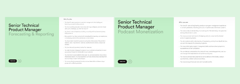 An image showing distinctions between 2 technical product manager roles at Spotify.