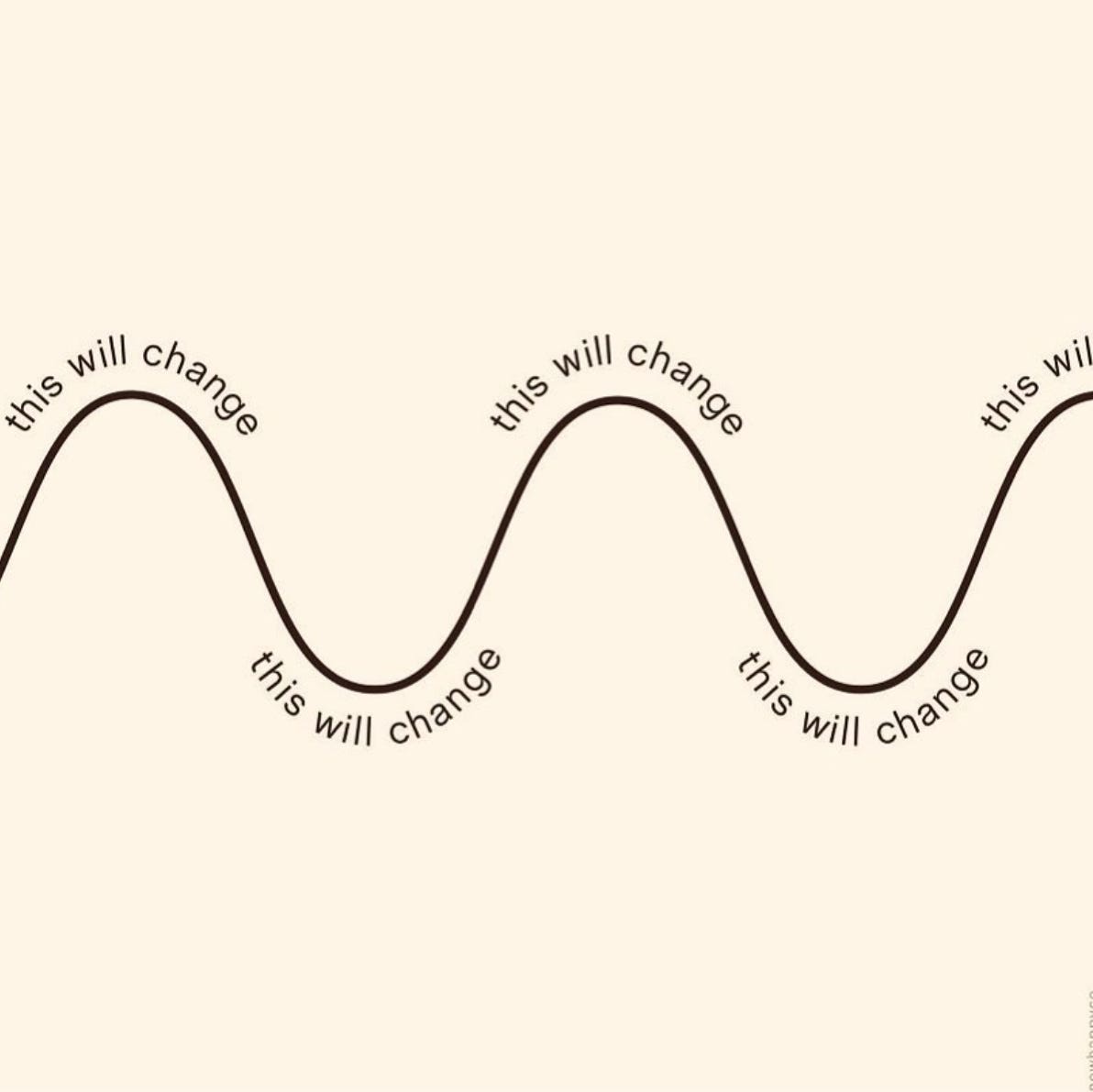 A squiggly line representing the ups and downs of life. At each up hill and down dip are the words "this will change".