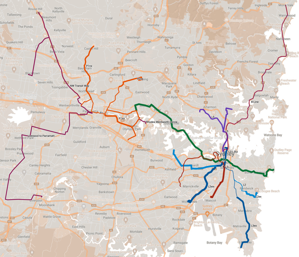 Sydney FAST 2030 Proposal: Proposed LRT Lines, Existing LRT and BRT,  and Under Construction LRT. 