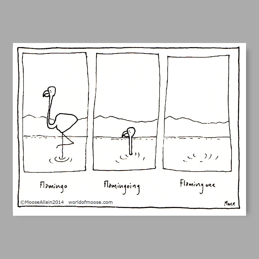 A three-panel cartoon. L: "Flamingo" (image of a flamingo standing in water); M: "flaingoing" (flamingo is now immersed in the water up to its neck); R: flamingone (the flamingo has disappeared)