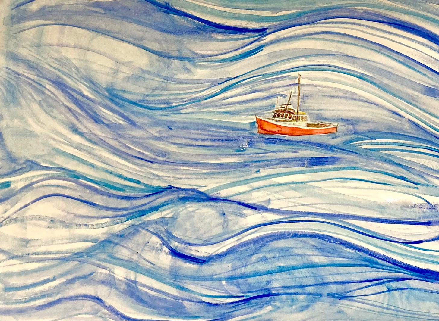 A watercolor sketch of an orange lobster boat in blue swirls of water.