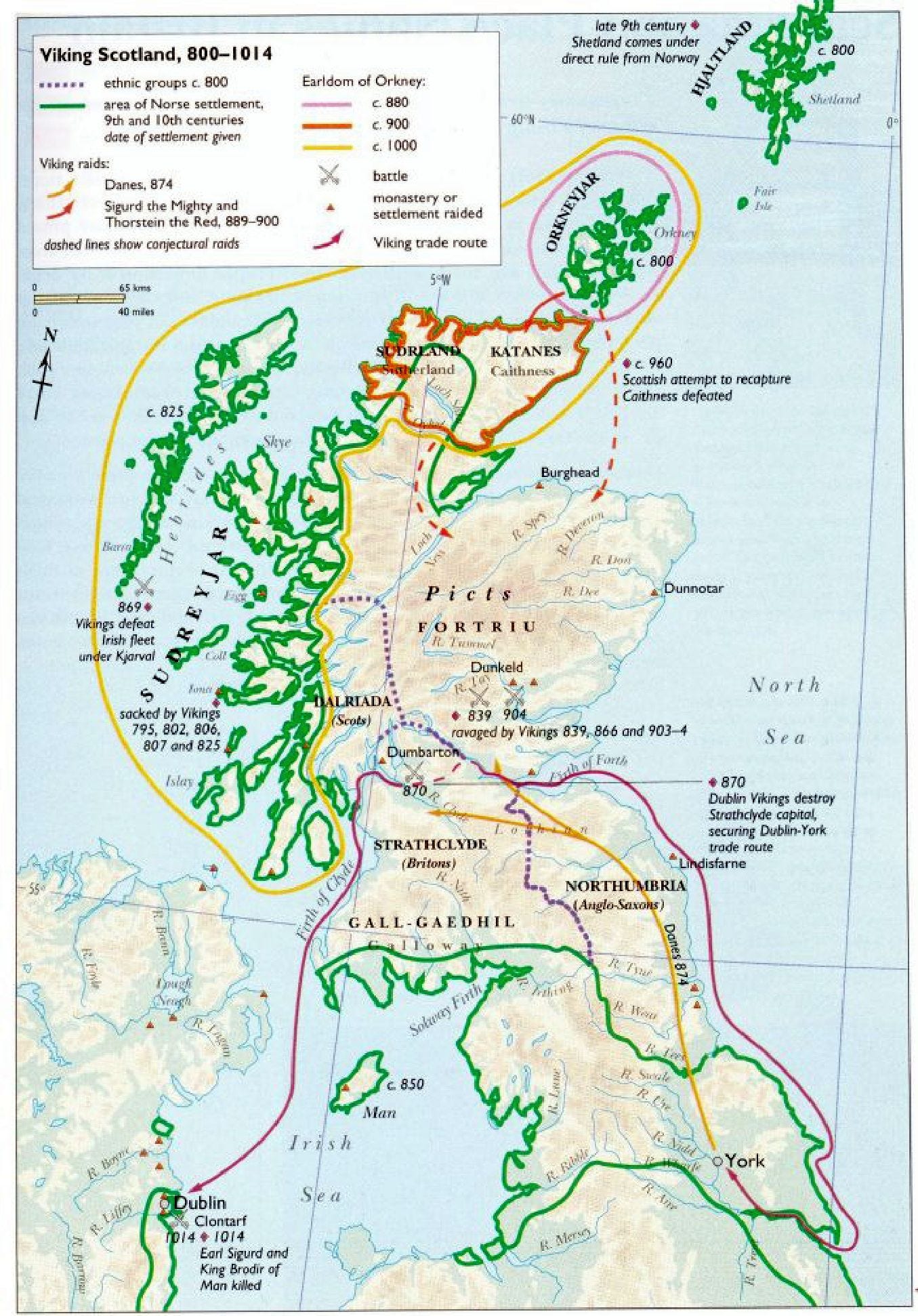 Map from History Scotland showing the various ethnic groupings and conflicts in the viking age, from 800 to 1014.