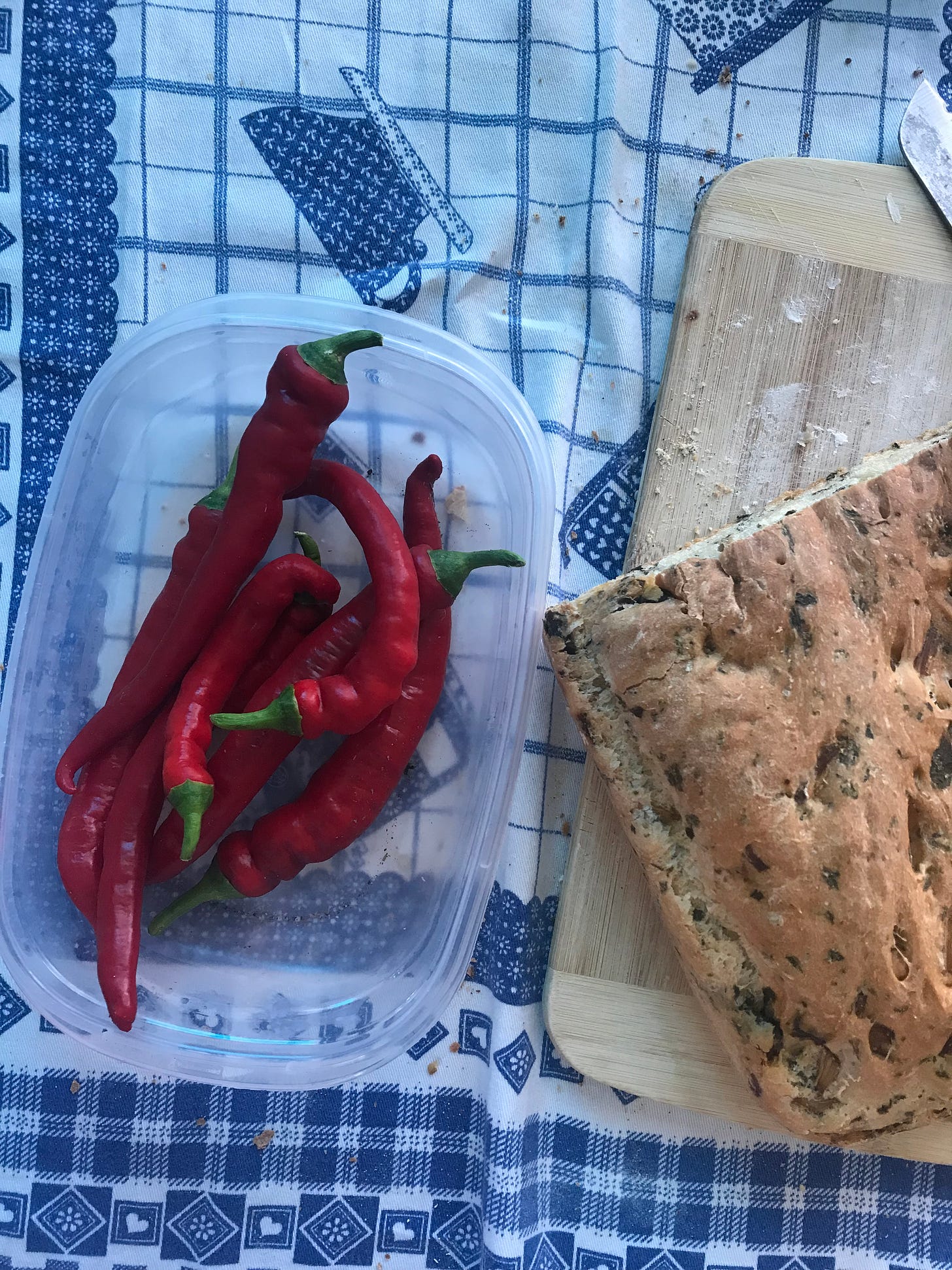Red peppers in a rectangular tupperware and bread with greens inside on a blue and white tablecloth.