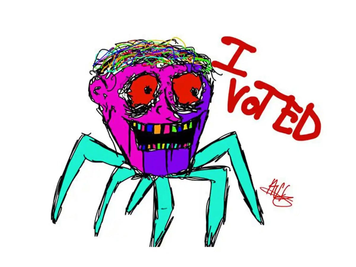 Children's drawing of a spider or crab with a pink and purple face with red eyes. Text reads "I Voted."