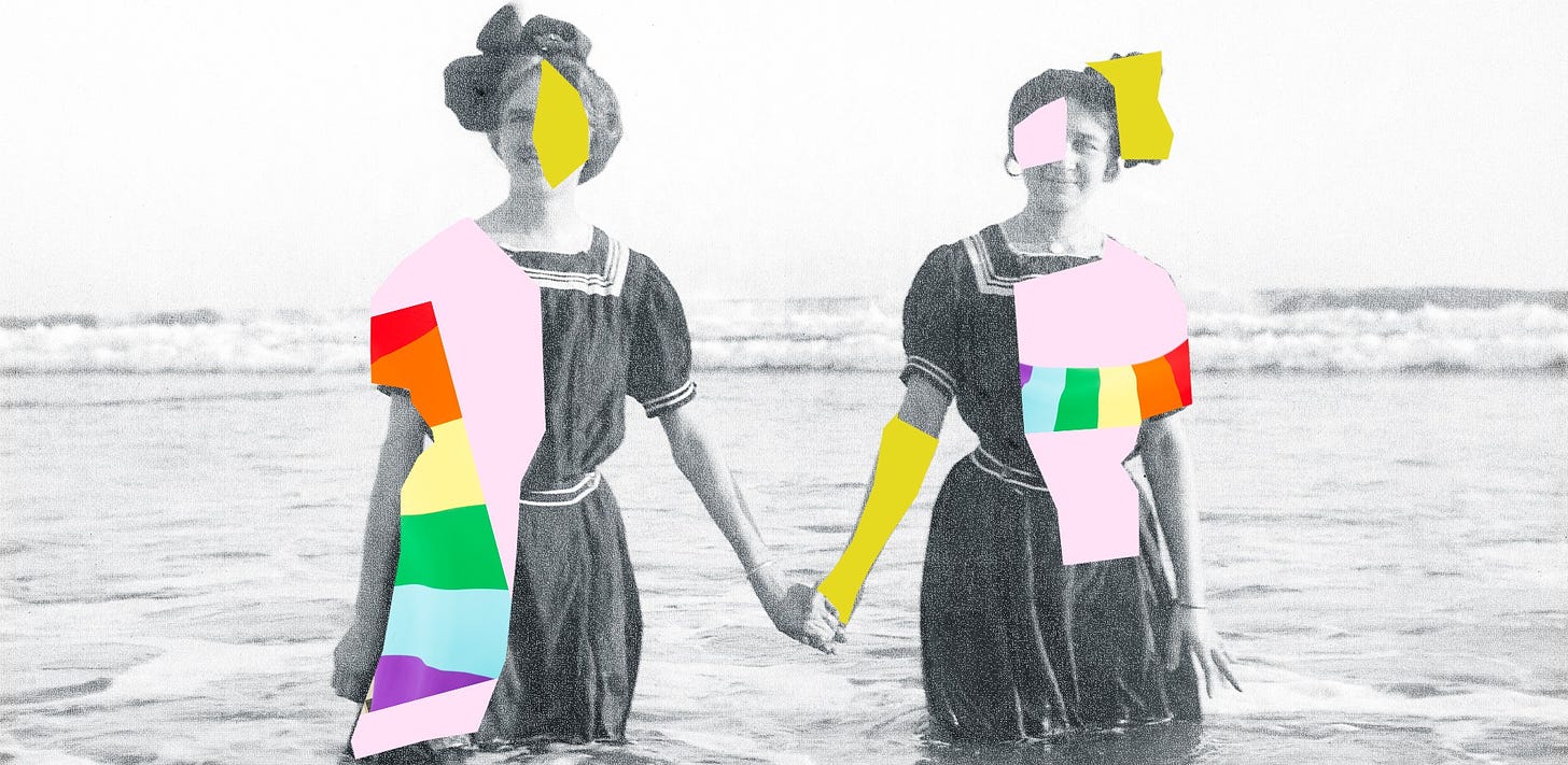 A black-and-white photo of two women holding hands while standing in the ocean is overlaid with colorful graphic shapes.