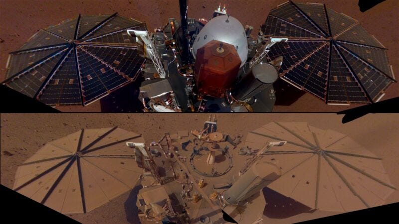 Planetary scientist Paul Byrne created this compilation of NASA images showing the InSight spacecraft on its 10th day on Mars, and the lander 1,201 days later. 
