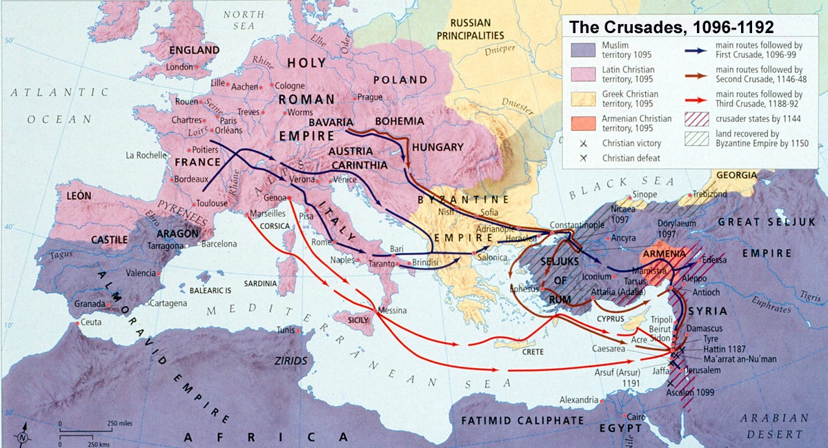 The early Crusades; note Arsuf (1191) marked toward the bottom right