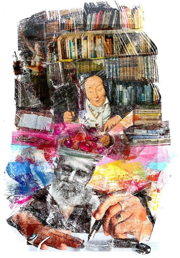 a collage of a man in a library eating out of the head of an author