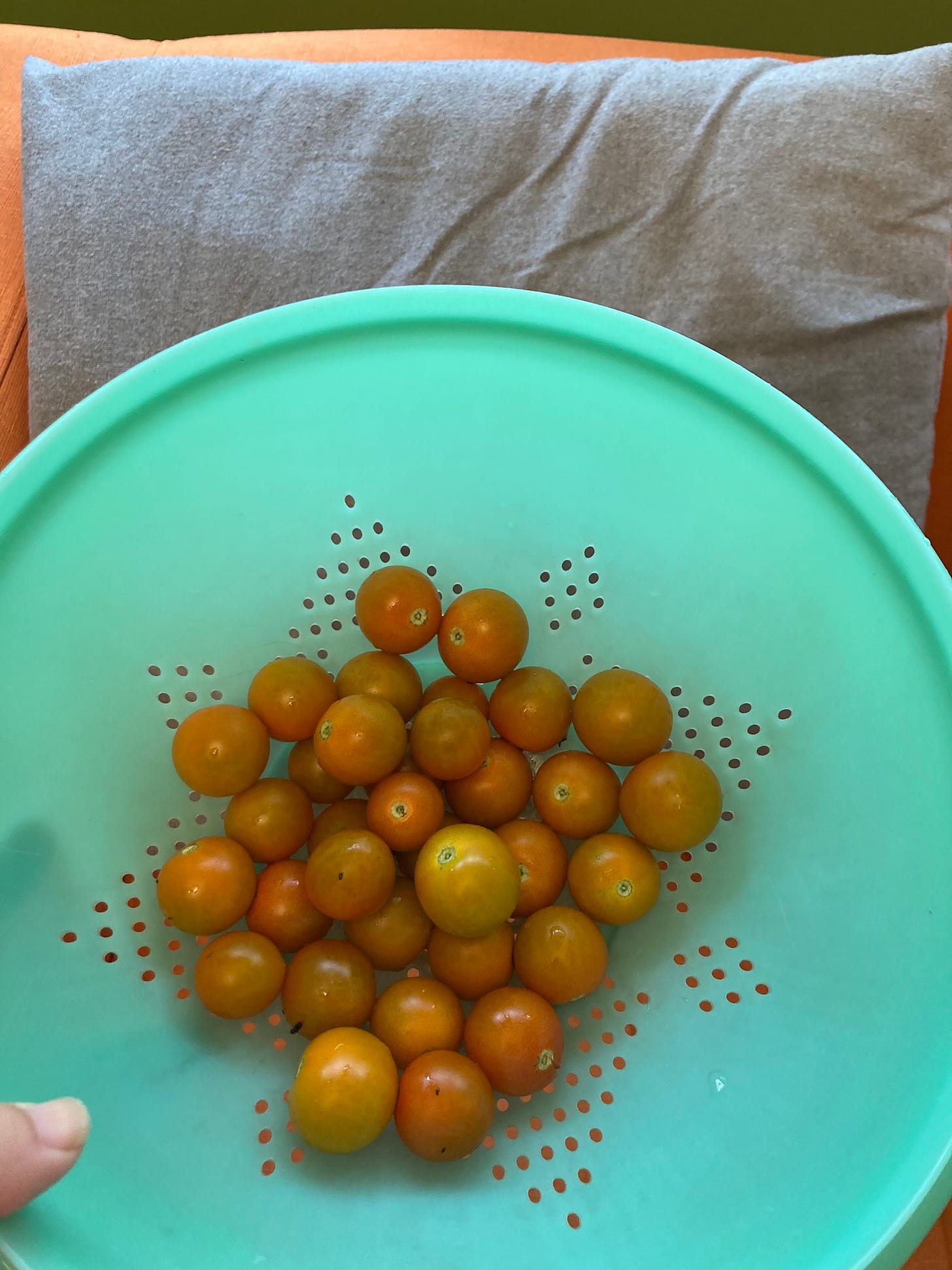 Orange cherry tomatoes in a colander