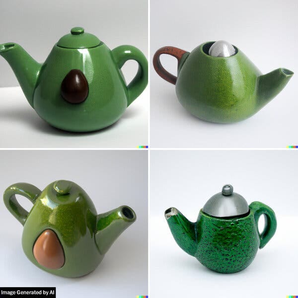 DALL-E generated these images by following a command for “a teapot in the shape of an avocado.”