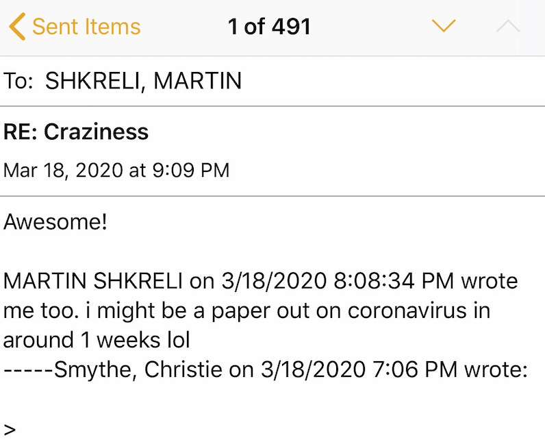 An email from Martin Shkreli while he was in prison.