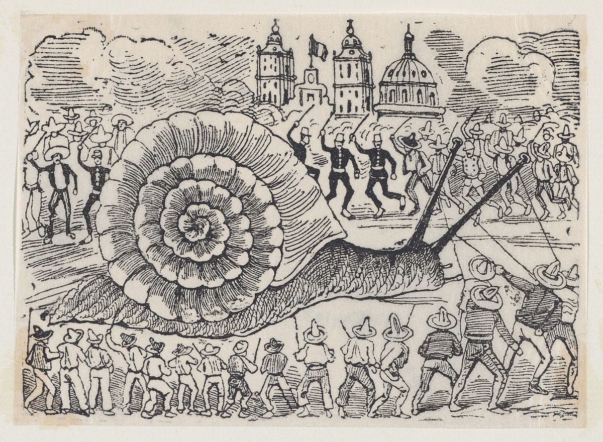 A group of people attacking a giant snail, José Guadalupe Posada (Mexican, 1851–1913), Etching on zinc 